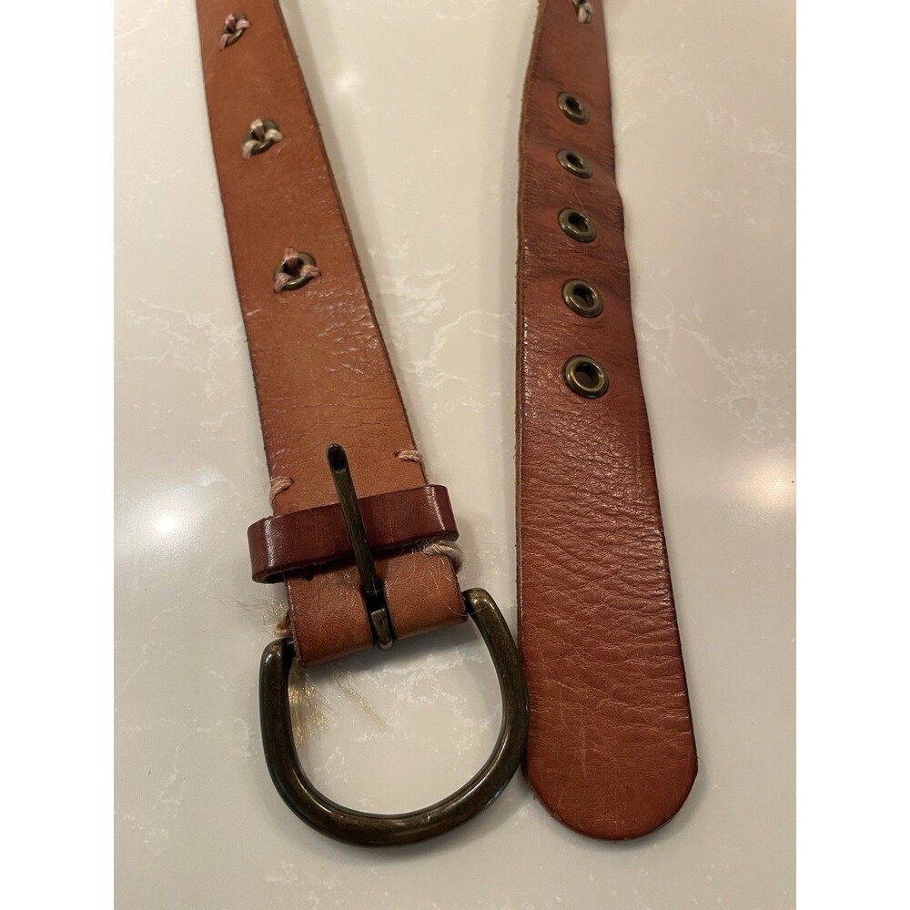 Medium Honey Brown Leather Brass Eyelet Belt with Rounded Brass Buckle